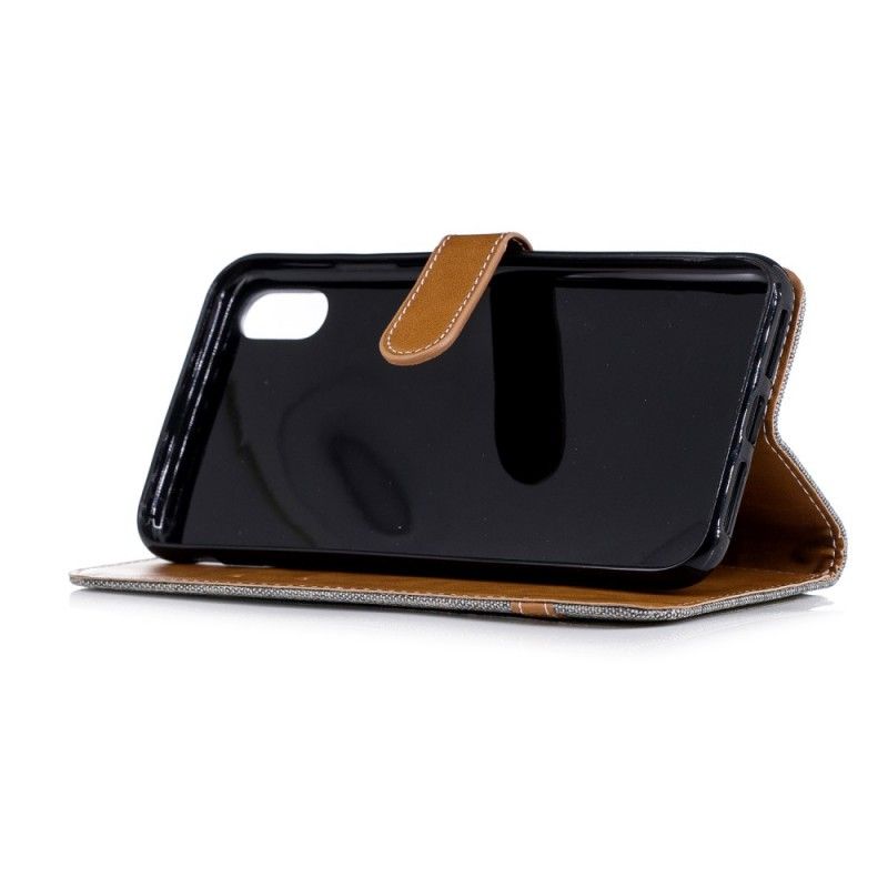 Etui Folio iPhone XS Max Szary Czarny Efekt Tkaniny I Skóry