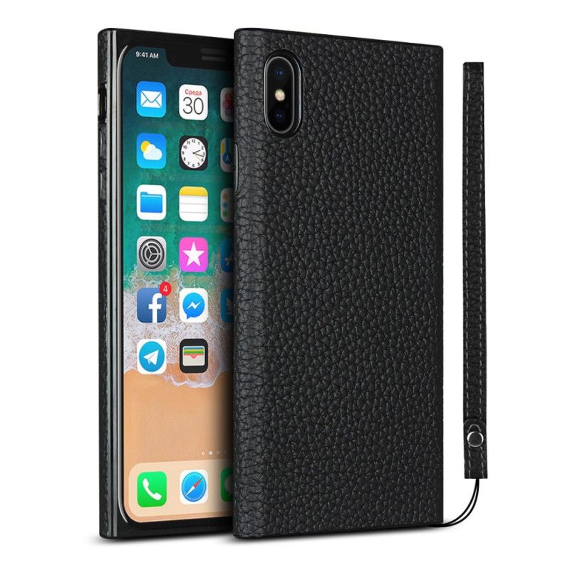 Etui iPhone XS Max Szary Czarny Prawdziwa Skóra Liczi Z Paskiem