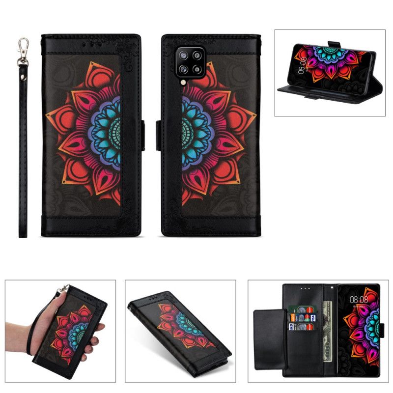 Etui Folio Samsung Galaxy A42 5G Biały Czarny Dekoracja Mandali Ze Stringami Etui Ochronne