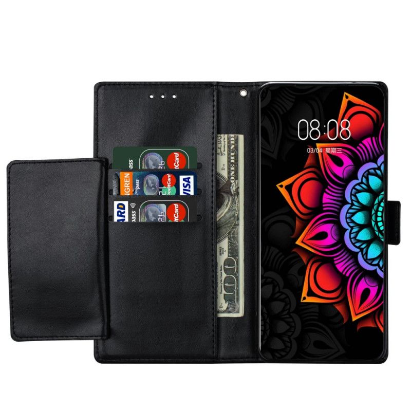 Etui Folio Samsung Galaxy A42 5G Biały Czarny Dekoracja Mandali Ze Stringami Etui Ochronne