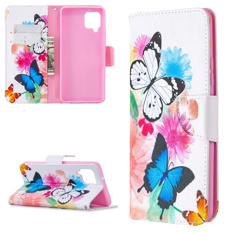 Etui Folio Samsung Galaxy A42 5G Jasnoniebieski Magenta Malowane Motyle I Kwiaty Etui Ochronne