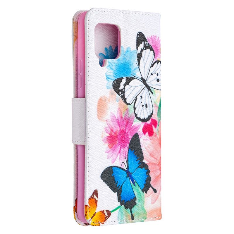 Etui Folio Samsung Galaxy A42 5G Jasnoniebieski Magenta Malowane Motyle I Kwiaty Etui Ochronne