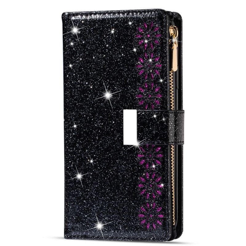 Etui Folio Samsung Galaxy A42 5G Magenta Czarny Portfel Z Cekinami