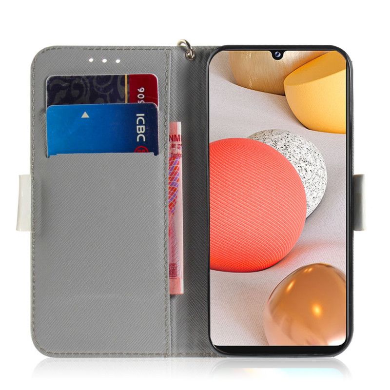 Etui Folio Samsung Galaxy A42 5G Zielony Szary Kwitnąca Gałąź Ze Stringami