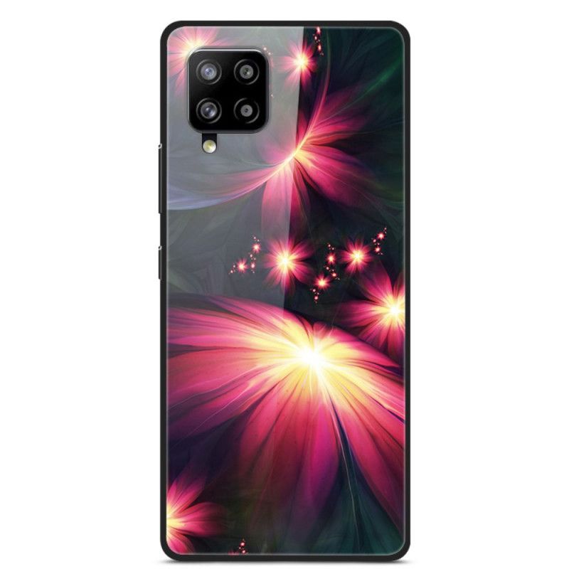 Etui Samsung Galaxy A42 5G Ciemnoniebieski Czerwony Ozdobne Kwiaty Ze Szkła Hartowanego