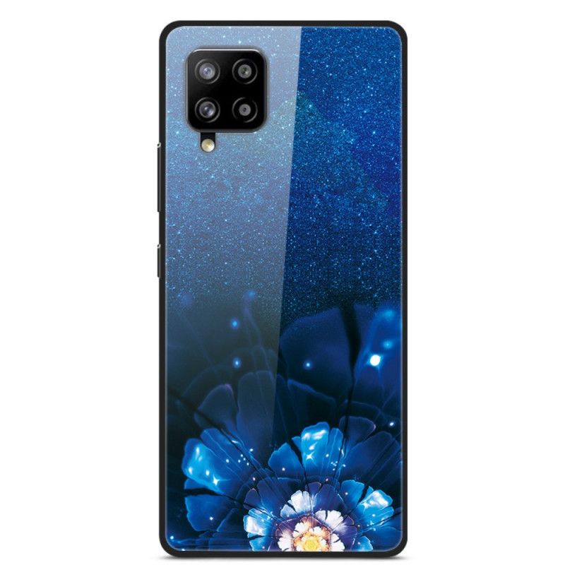 Etui Samsung Galaxy A42 5G Ciemnoniebieski Czerwony Ozdobne Kwiaty Ze Szkła Hartowanego