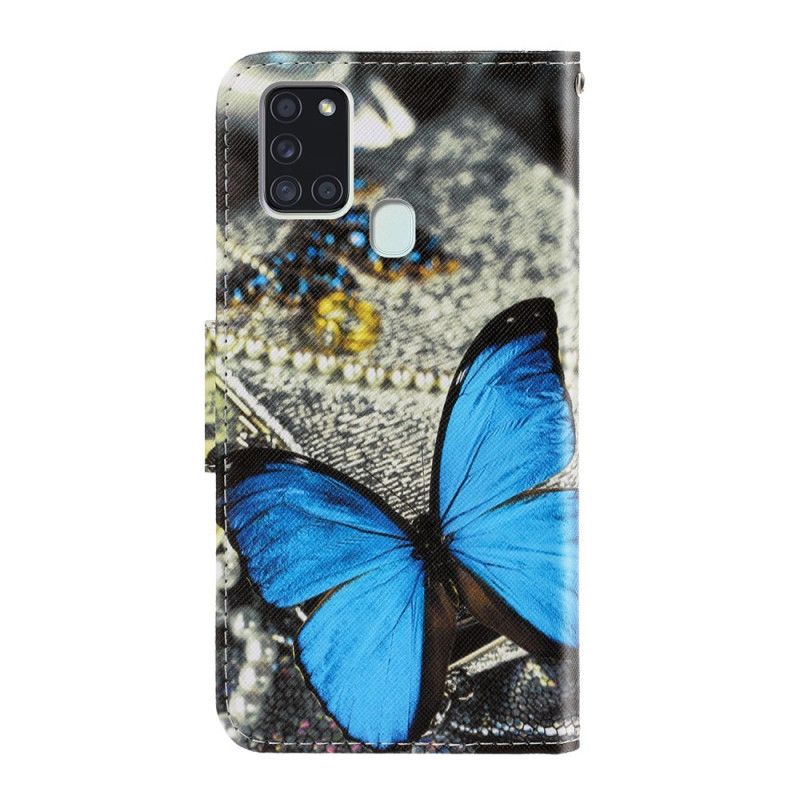 Etui Folio Samsung Galaxy A21s Jasnoniebieski Ciemnoniebieski Wersje Motylkowe Ze Stringami