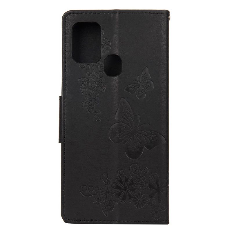 Etui Folio Samsung Galaxy A21s Szary Czarny Wspaniałe Motyle Stringi