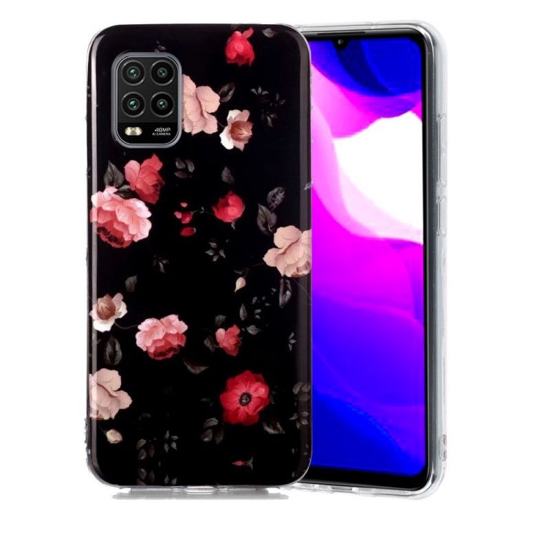 Etui Xiaomi Mi 10 Lite Ciemnoczerwony Czarny Fluorescencyjne Kwiaty Etui Ochronne