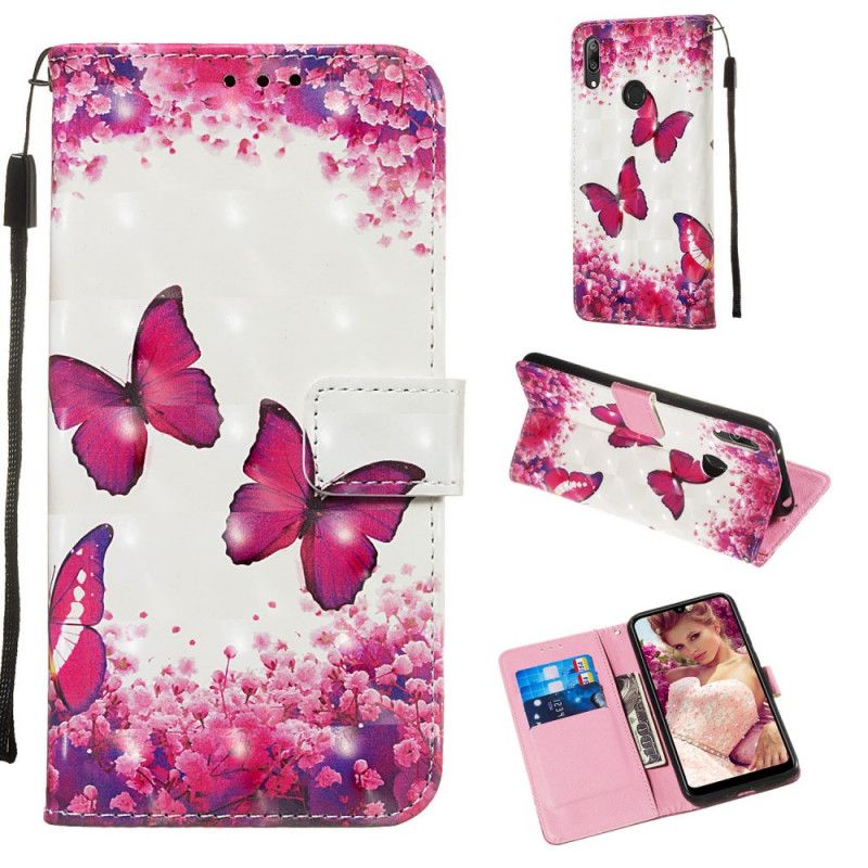 Etui Folio Huawei Y7 2019 Czerwone Motyle Z Efektem 3D Etui Ochronne