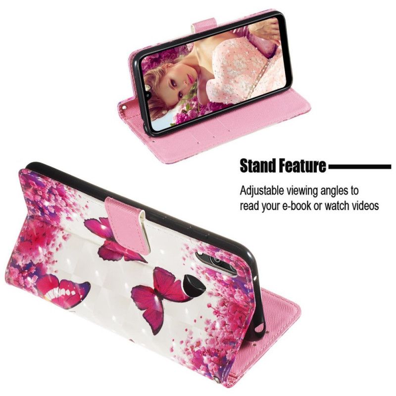 Etui Folio Huawei Y7 2019 Czerwone Motyle Z Efektem 3D Etui Ochronne