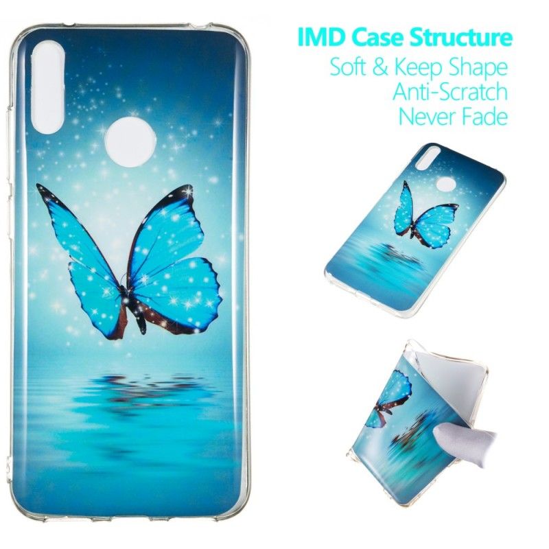 Etui Huawei Y7 2019 Fluorescencyjny Niebieski Motyl Etui Ochronne