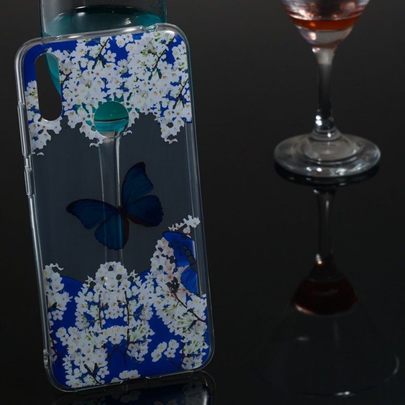 Etui Huawei Y7 2019 Niebieski Motyl I Zimowe Kwiaty Etui Ochronne