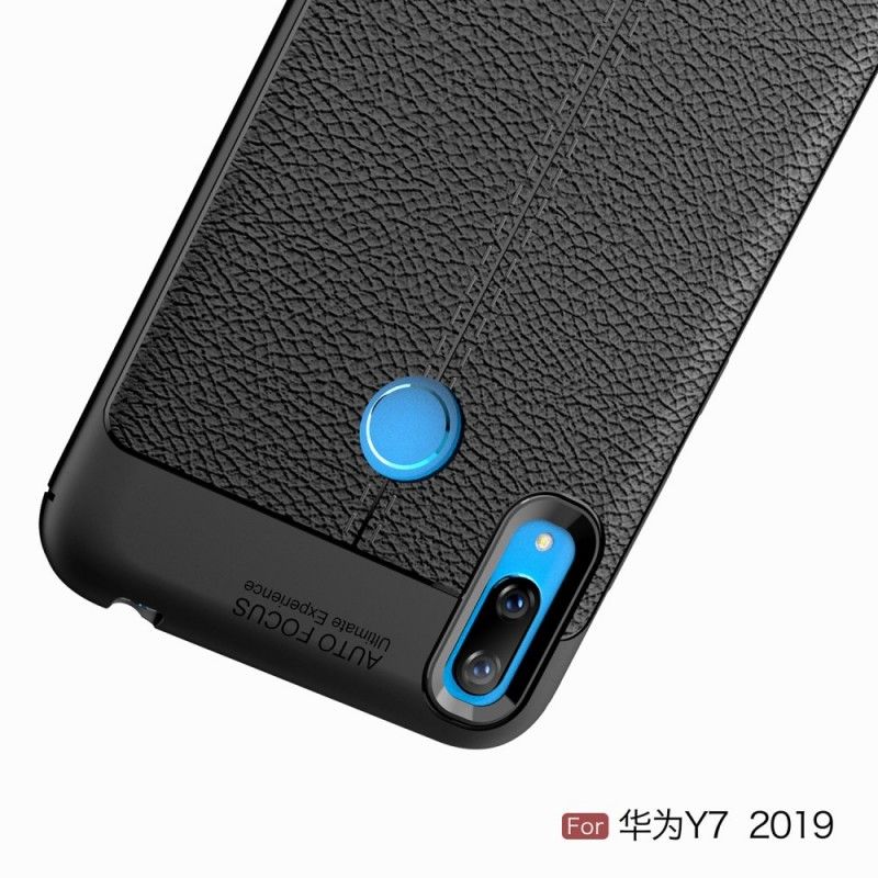 Etui Huawei Y7 2019 Szary Czarny Efekt Skóry Z Podwójną Linią Liczi