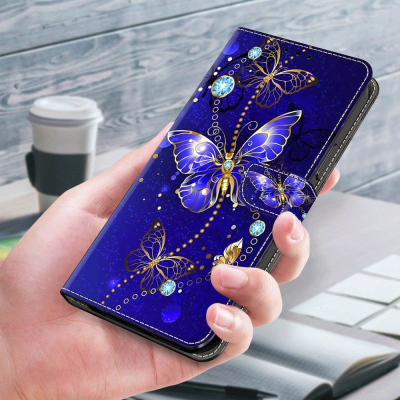 Etui Folio Do Xiaomi Redmi Note 13 4g Diamentowe Motyle Na Niebieskim Tle