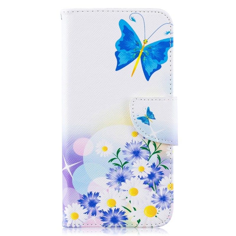 Etui Folio Samsung Galaxy A10 Jasnoniebieski Różowy Malowane Motyle I Kwiaty Etui Ochronne