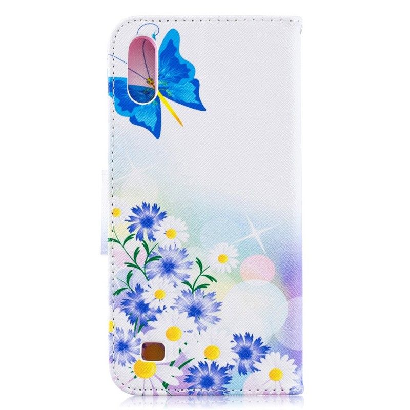 Etui Folio Samsung Galaxy A10 Jasnoniebieski Różowy Malowane Motyle I Kwiaty Etui Ochronne