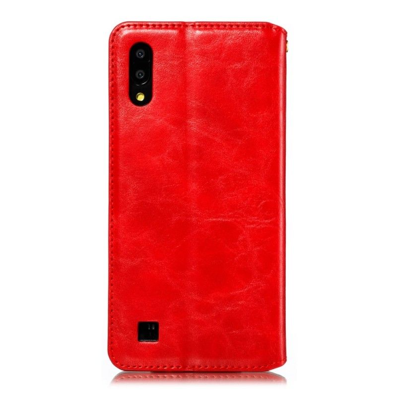 Flip Kotelot Samsung Galaxy A10 Ciemnoniebieski Czerwony Elegancki Styl Skórzany Z Paskiem