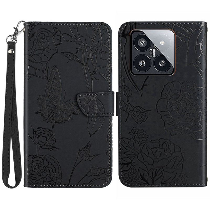 Etui Folio Do Xiaomi 14 Nadruk W Kształcie Motyla Z Paskiem