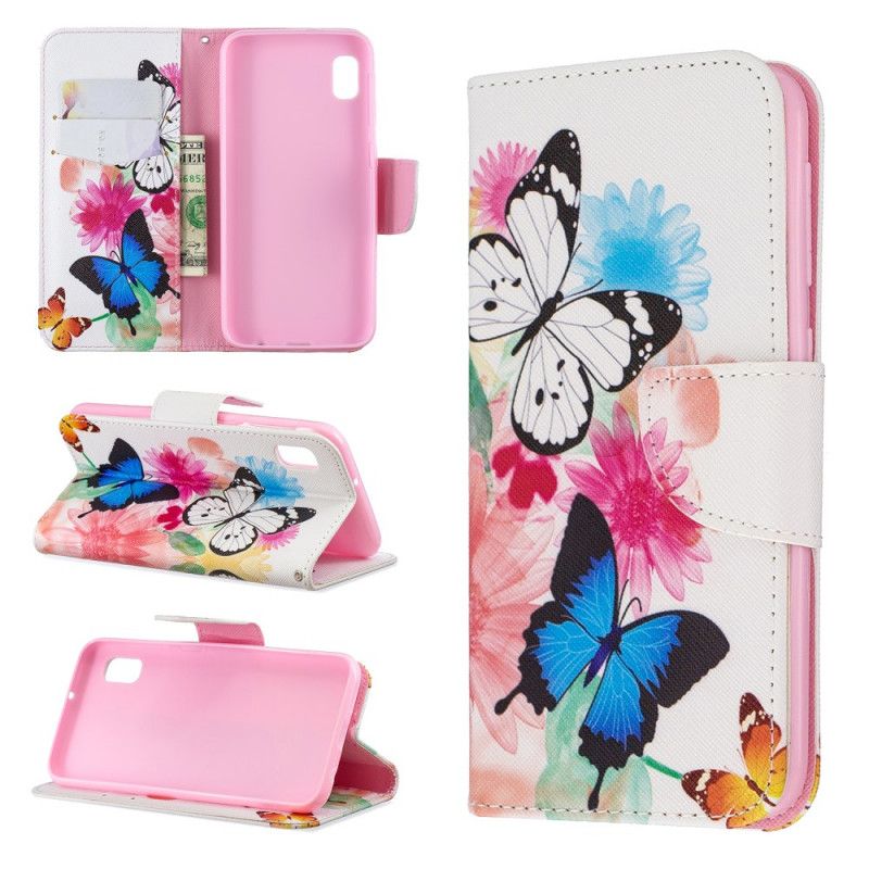 Etui Folio Samsung Galaxy A10e Jasnoniebieski Magenta Malowane Motyle I Kwiaty Etui Ochronne