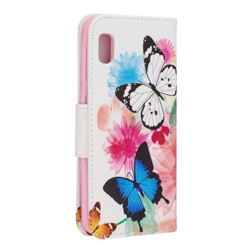 Etui Folio Samsung Galaxy A10e Jasnoniebieski Magenta Malowane Motyle I Kwiaty Etui Ochronne