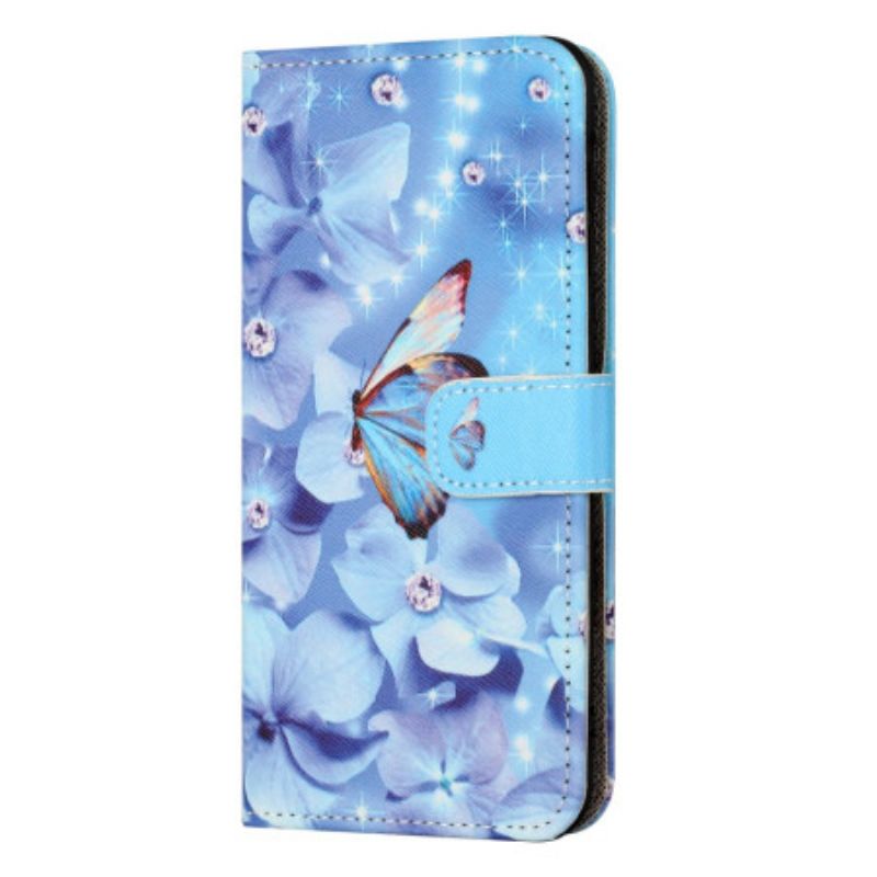 Etui Folio Xiaomi Redmi Note 13 Pro 5g Niebieskie Kwiaty I Motyl Z Paskiem