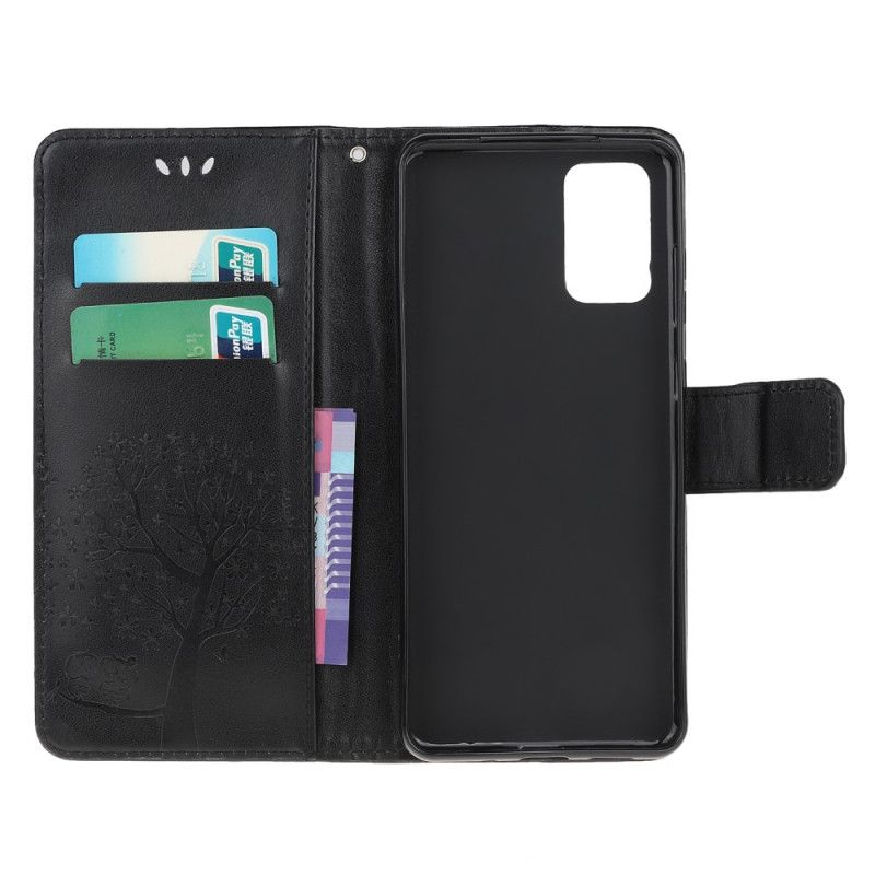 Etui Folio Samsung Galaxy S20 Plus / S20 Plus 5G Jasnoniebieski Czarny Drzewo I Sowy Etui Ochronne