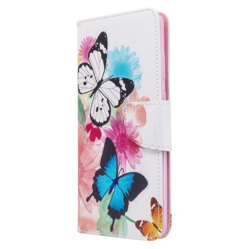 Etui Folio Samsung Galaxy S20 Plus / S20 Plus 5G Jasnoniebieski Magenta Malowane Motyle I Kwiaty Etui Ochronne