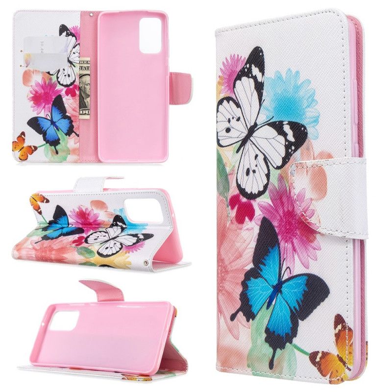 Etui Folio Samsung Galaxy S20 Plus / S20 Plus 5G Jasnoniebieski Magenta Malowane Motyle I Kwiaty Etui Ochronne