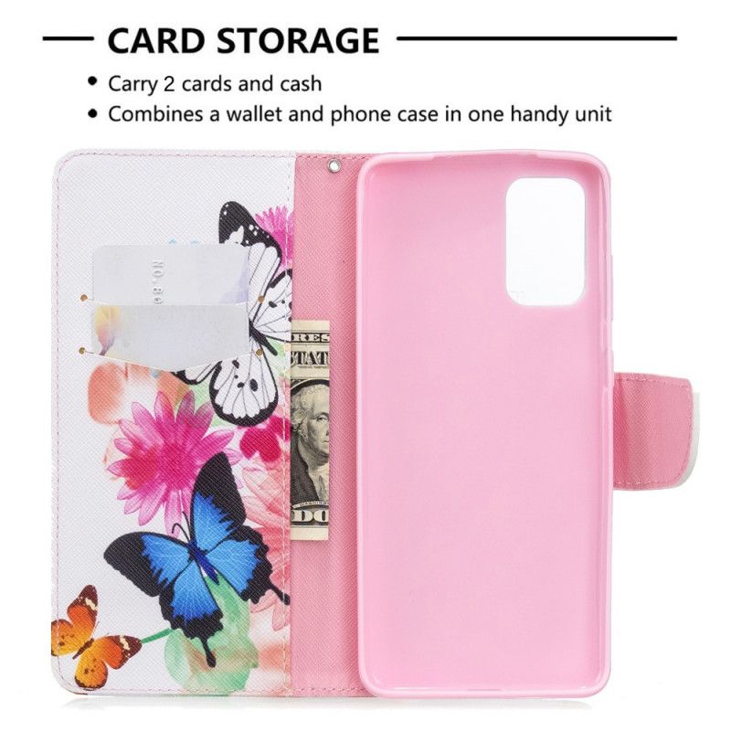 Etui Folio Samsung Galaxy S20 Plus / S20 Plus 5G Jasnoniebieski Magenta Malowane Motyle I Kwiaty Etui Ochronne