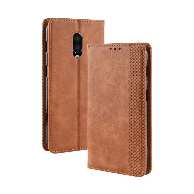 Flip Kotelot OnePlus 6T Brązowy Czarny Stylizowany Efekt Skóry W Stylu Vintage Etui Ochronne