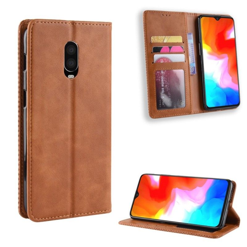 Flip Kotelot OnePlus 6T Brązowy Czarny Stylizowany Efekt Skóry W Stylu Vintage Etui Ochronne