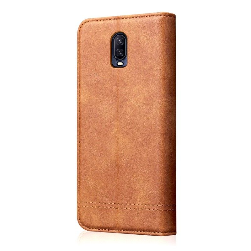 Flip Kotelot OnePlus 6T Czerwony Efekt Szytej Skóry Etui Ochronne