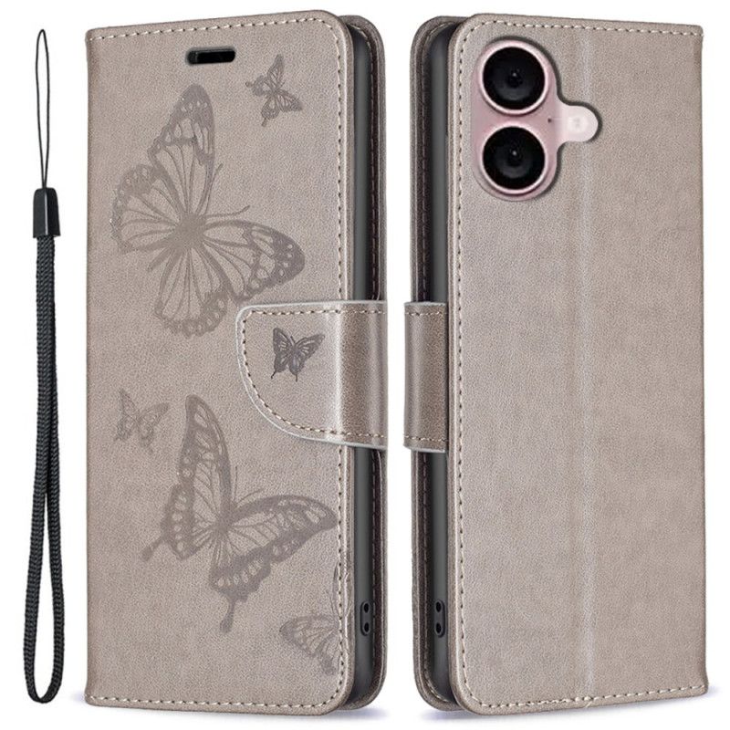 Etui Folio Do iPhone 16 Plus Drukowane Motyle Ze Smyczą