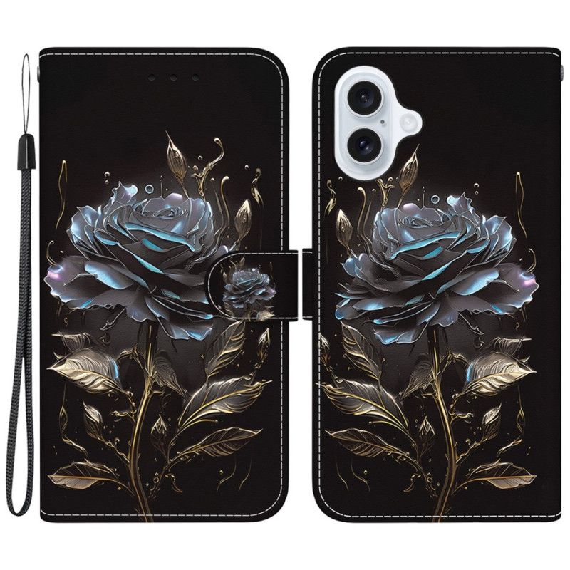 Etui Folio iPhone 16 Plus CZarna Róża Z Paskiem Etui Ochronne