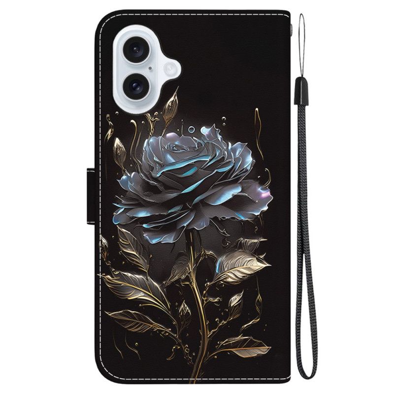 Etui Folio iPhone 16 Plus CZarna Róża Z Paskiem Etui Ochronne