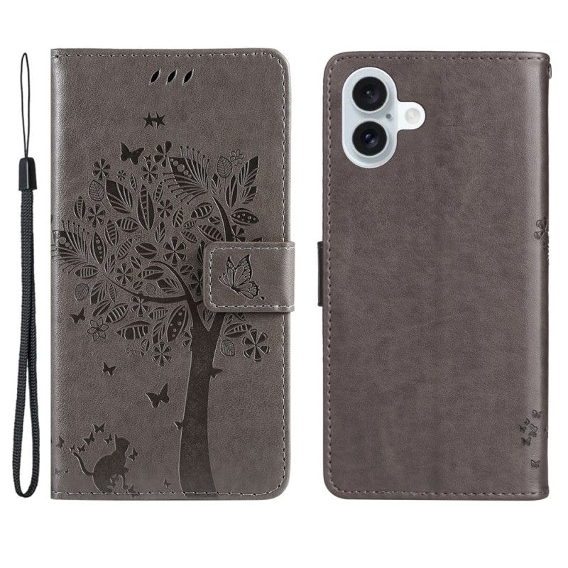 Etui Folio iPhone 16 Plus Drzewko Dla Kota I Smyczy Etui Ochronne