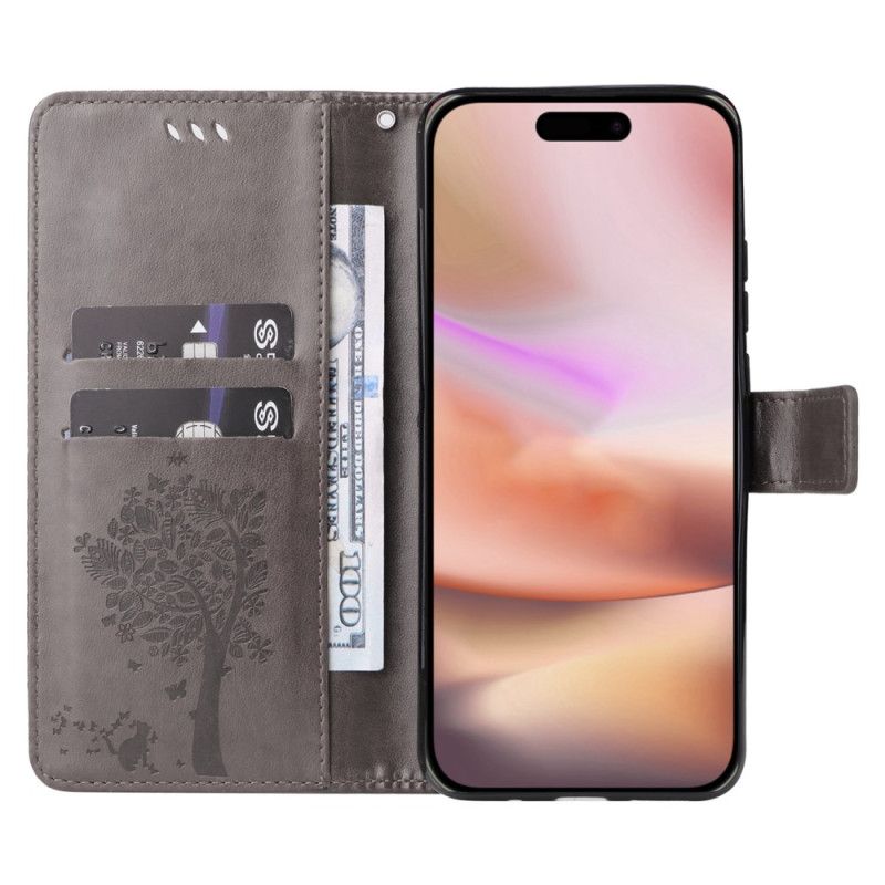 Etui Folio iPhone 16 Plus Drzewko Dla Kota I Smyczy Etui Ochronne