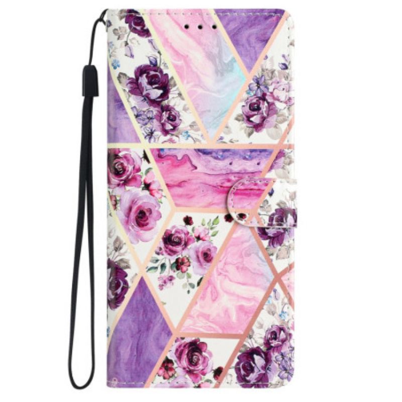 Etui Folio iPhone 16 Plus Marmurowe Fioletowe Kwiaty Z Paskiem Etui Ochronne