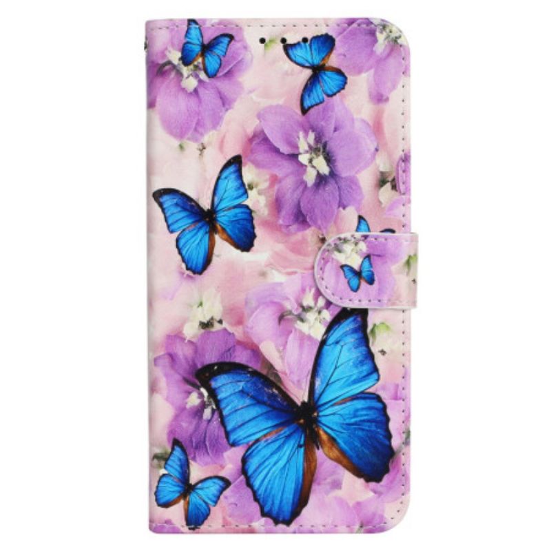 Etui Folio iPhone 16 Plus Motyle I Fioletowe Kwiaty Z Paskiem Etui Ochronne