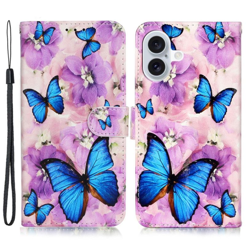 Etui Folio iPhone 16 Plus Motyle I Fioletowe Kwiaty Z Paskiem Etui Ochronne