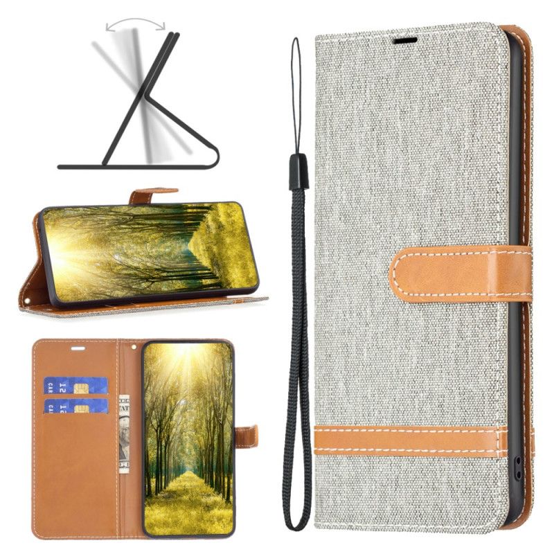 Etui Folio iPhone 16 Plus Tkanina Dżinsowa Z Paskami Etui Ochronne