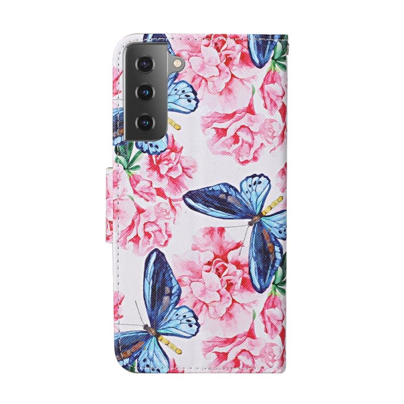 Etui Folio Samsung Galaxy S21 Plus 5G Biały Czarny Stringi W Kwiatowe Motyle Etui Ochronne