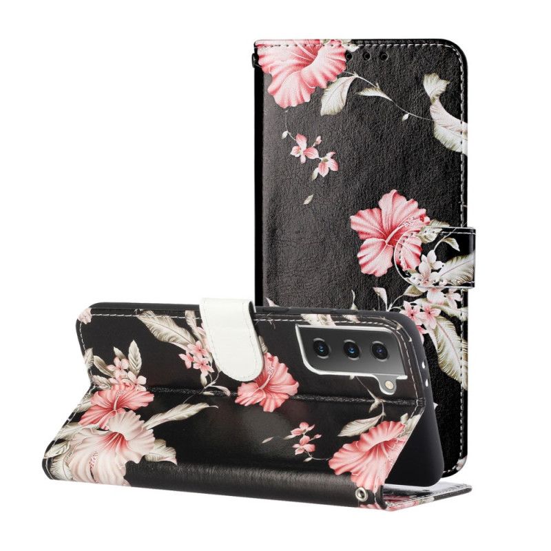 Etui Folio Samsung Galaxy S21 Plus 5G Jasnoniebieski Czarny Dzikie Kwiaty