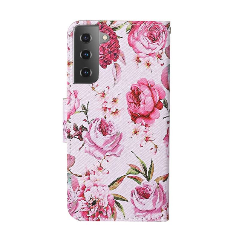 Etui Folio Samsung Galaxy S21 Plus 5G Jasnoniebieski Czerwony Mistrzowskie Kwiaty Ze Stringami Etui Ochronne