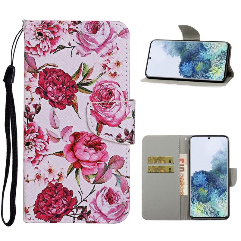 Etui Folio Samsung Galaxy S21 Plus 5G Jasnoniebieski Czerwony Mistrzowskie Kwiaty Ze Stringami Etui Ochronne