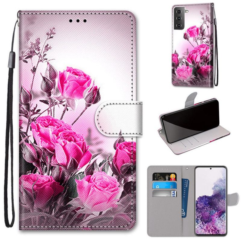 Etui Folio Samsung Galaxy S21 Plus 5G Złoty Czerwony Magiczne Kwiaty