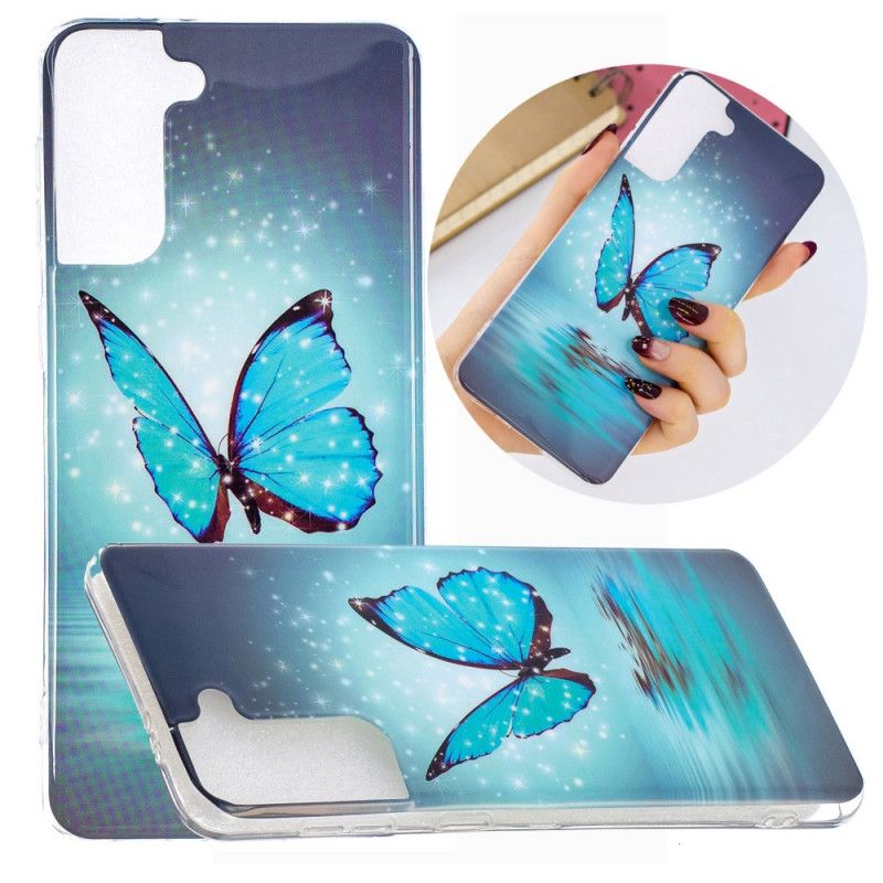 Etui Samsung Galaxy S21 Plus 5G Fluorescencyjny Niebieski Motyl Etui Ochronne