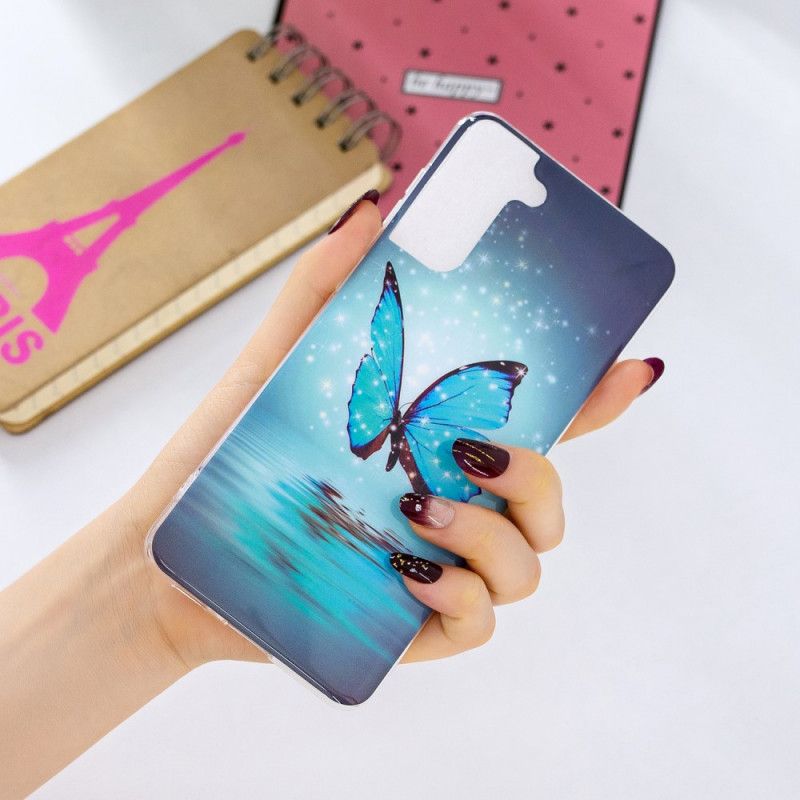 Etui Samsung Galaxy S21 Plus 5G Fluorescencyjny Niebieski Motyl Etui Ochronne