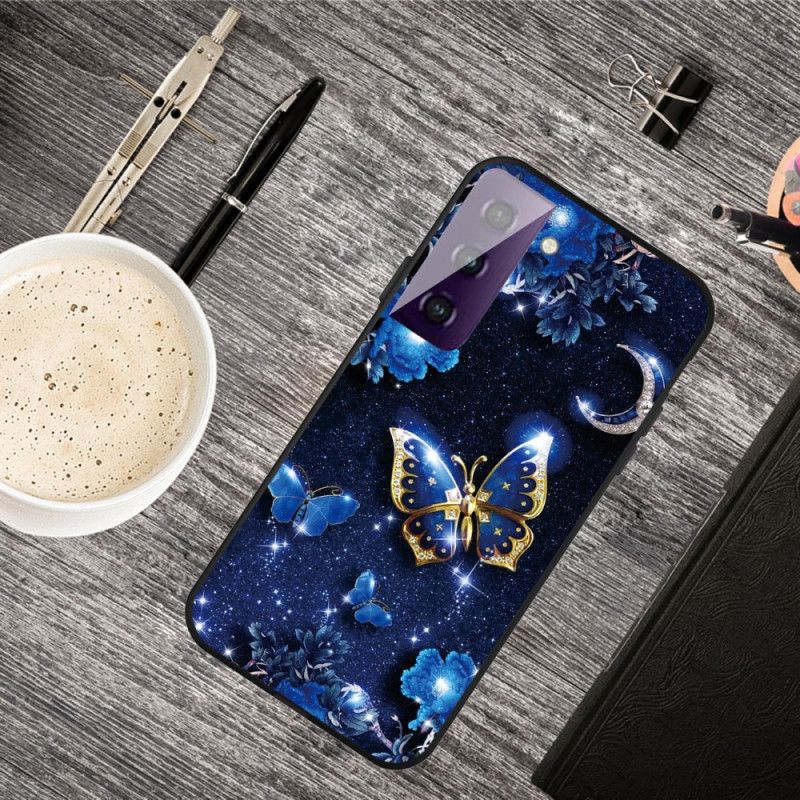 Etui Samsung Galaxy S21 Plus 5G Jasnoniebieski Ciemnoniebieski Motyl W Nocy